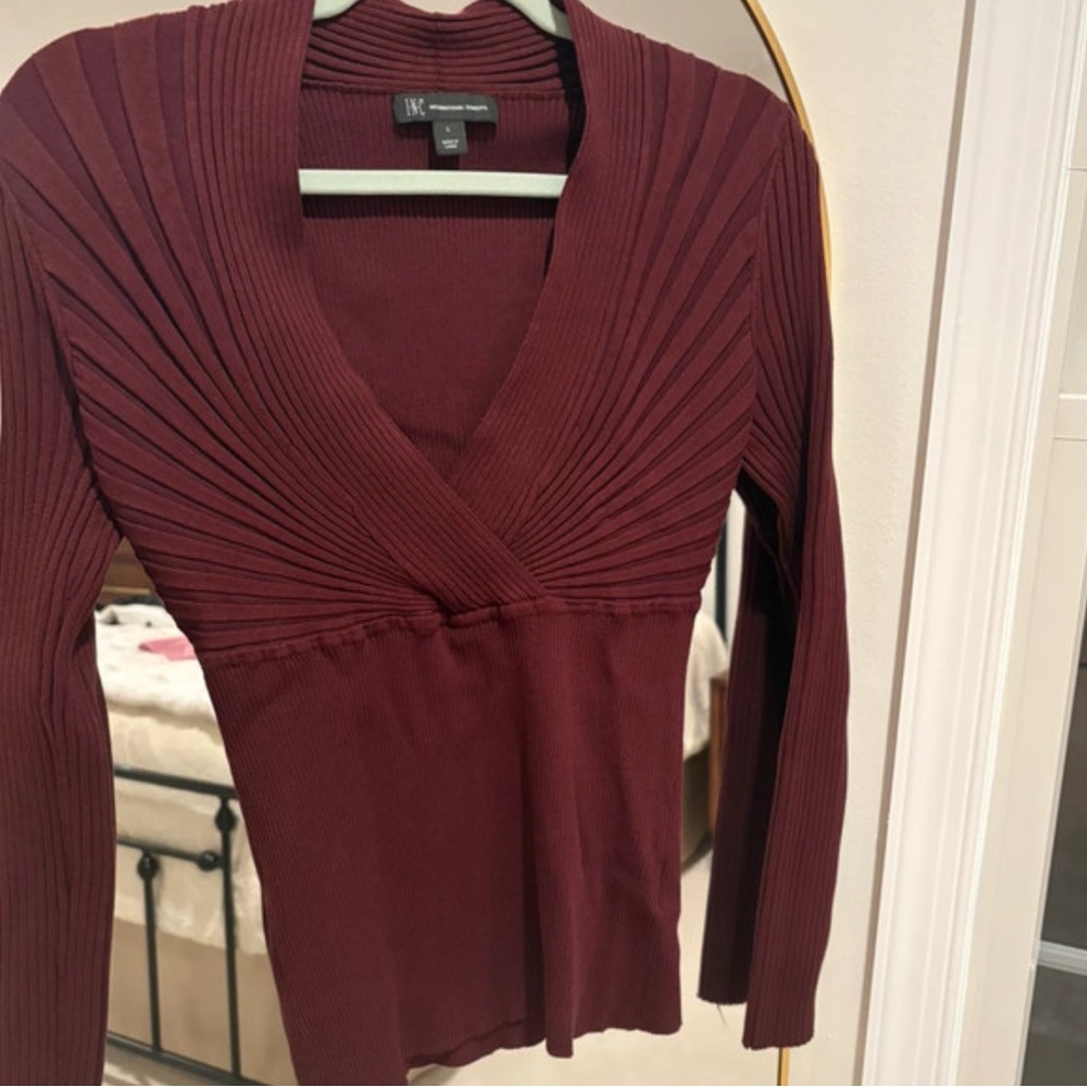 INC Burgundy Ribbed V-neck Sweater.